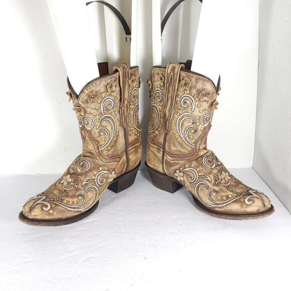 Dan Post Women’s US 6M Tan Leather Distressed Floral Embroidered Western Boots - Picture 5 of 13